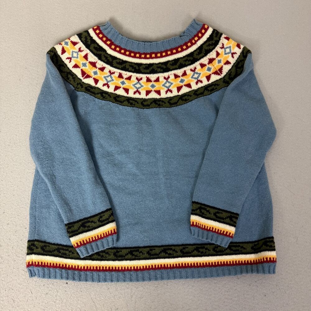 Blue Fair Isle Nordic Yoke Crewneck Pullover Sweater Multicolor Knit